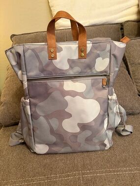 Camo Print Backpack Tote with Leather Handles